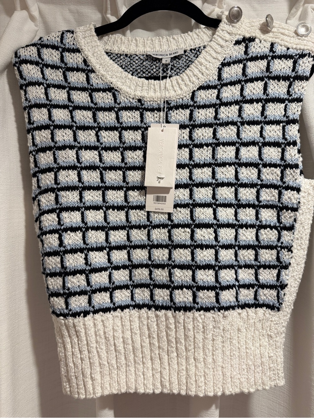 Veronica Beard White Crewneck Grid Knit Sweater Vest with Light Blue Squares